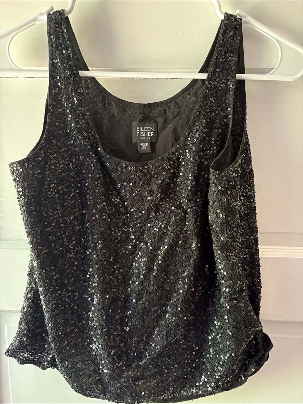 Eileen Fisher Silk Black Sequin Scoop Neck Tank